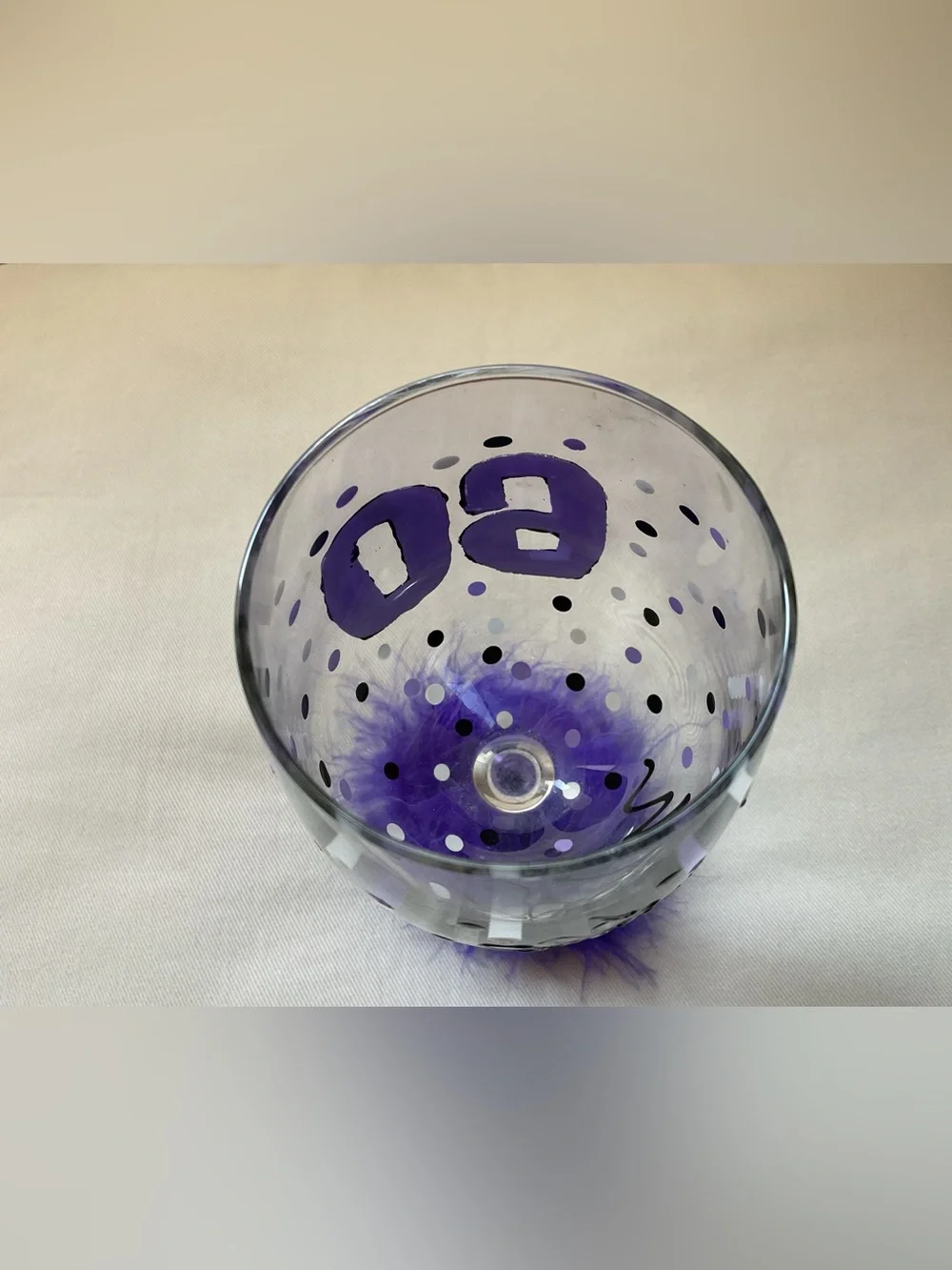 60th Birthday Purple Feathered Wine Glass - Fun Gift! Party Decor